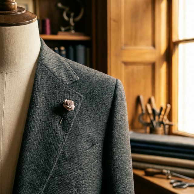 Custom navy suit with a coordinated shirt and pocket square